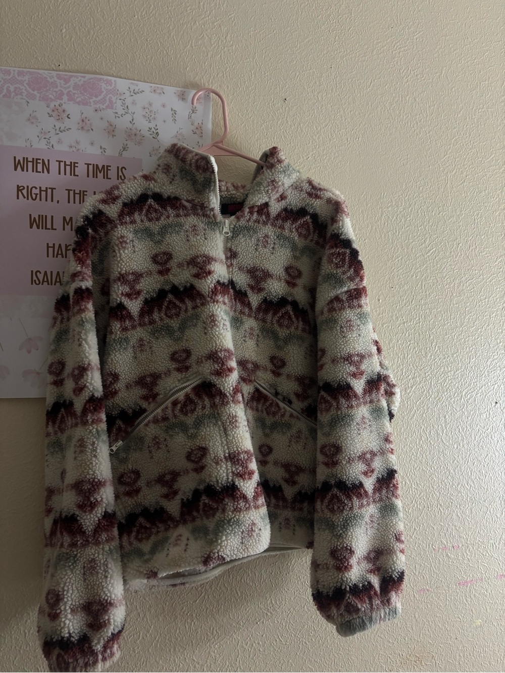 Cream & Burgundy Patterned Sherpa Jacket